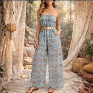 Wet Seal Strapless Boho Wide Leg Jumpsuit | Blue Medallion Festival Romper | M